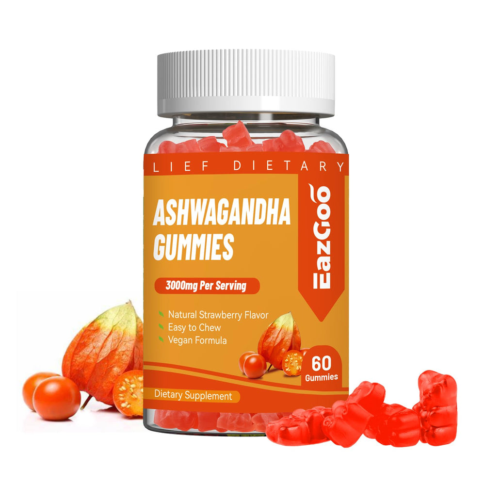 Front view of the EAZGOO Ashwagandha Gummies & Vitamin D3 bottle