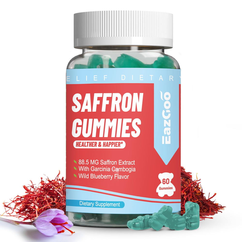 Front view of EAZGOO Saffron Gummies bottle with 60 gummies