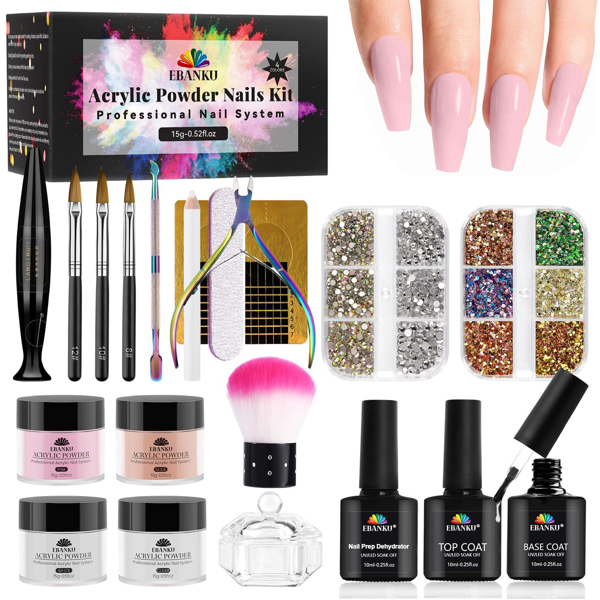 EBANKU 21-piece acrylic nail kit contents for a complete at-home manicure setup.