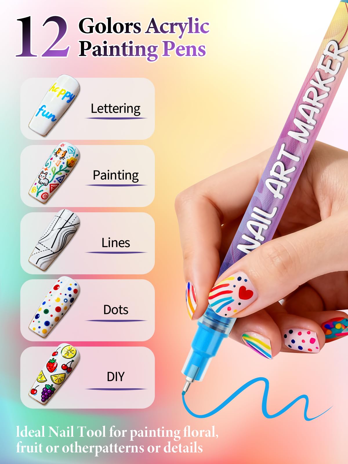 EBANKU nail art pens 12-color set swatch for quick DIY designs.