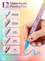 EBANKU nail art pens 12-color set swatch for quick DIY designs.