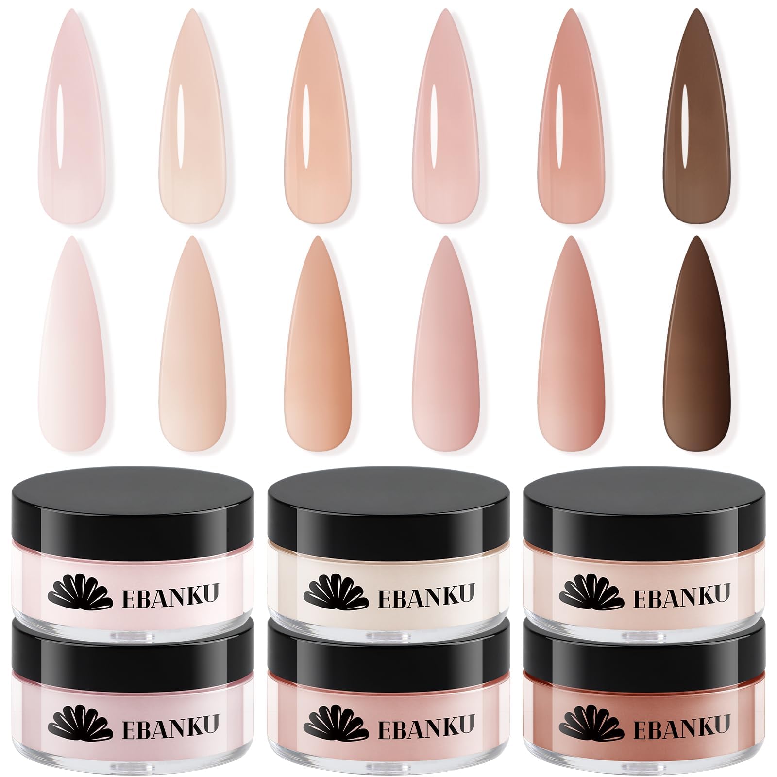 EBANKU six-color nude acrylic powder set displayed for versatile natural-looking nail extensions.