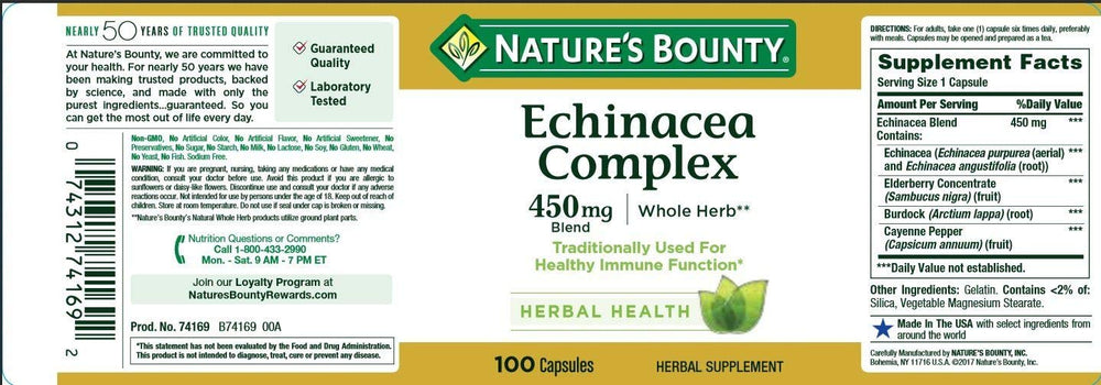 Packaging for Nature's Bounty Echinacea Complex herbal supplement