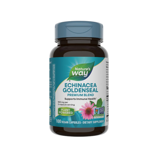 Nature's Way Echinacea Goldenseal Premium Blend bottle label showing 900 mg per 2-capsule serving