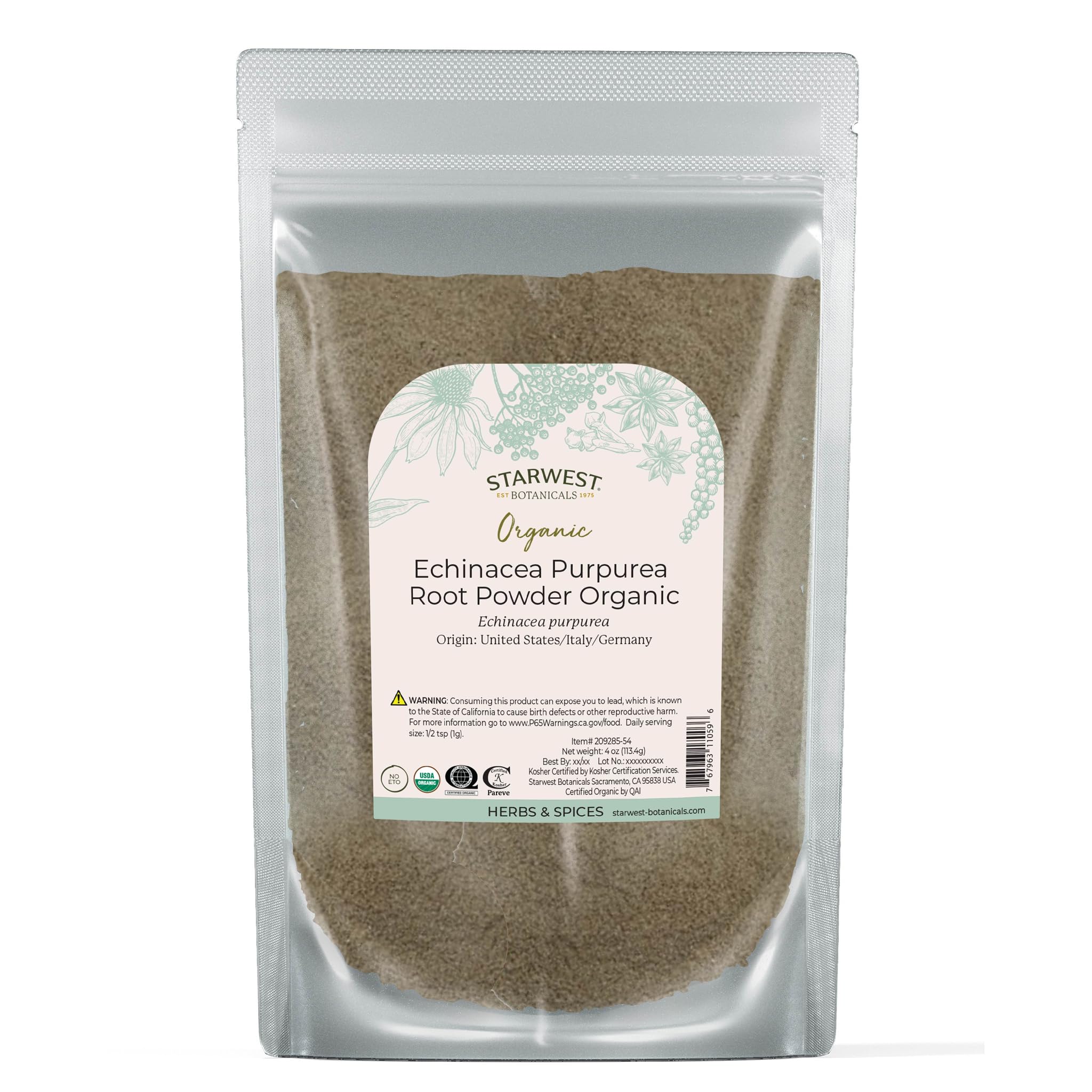 Organic Echinacea Purpurea root powder in a labeled 4 oz pouch