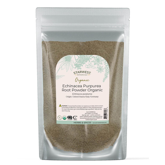 Organic Echinacea Purpurea root powder in a labeled 4 oz pouch