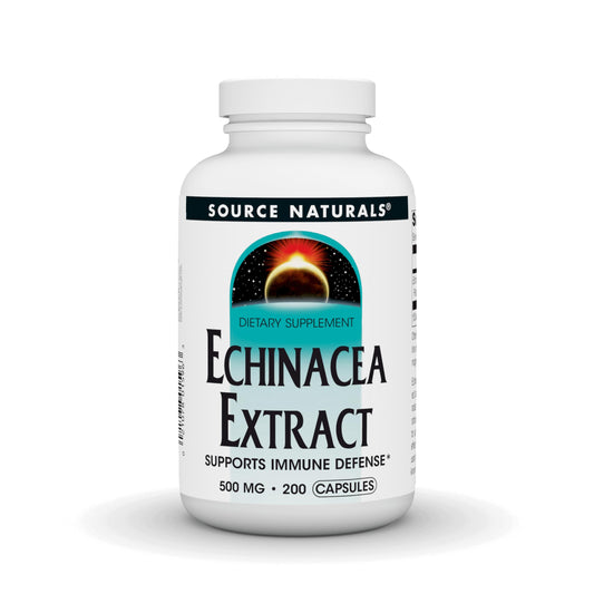 Front view of Source Naturals Echinacea Root Extract bottle, 500 mg, 200 capsules
