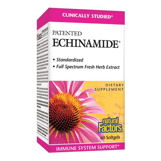 Front of Natural Factors Echinamide packaging, 60 softgels