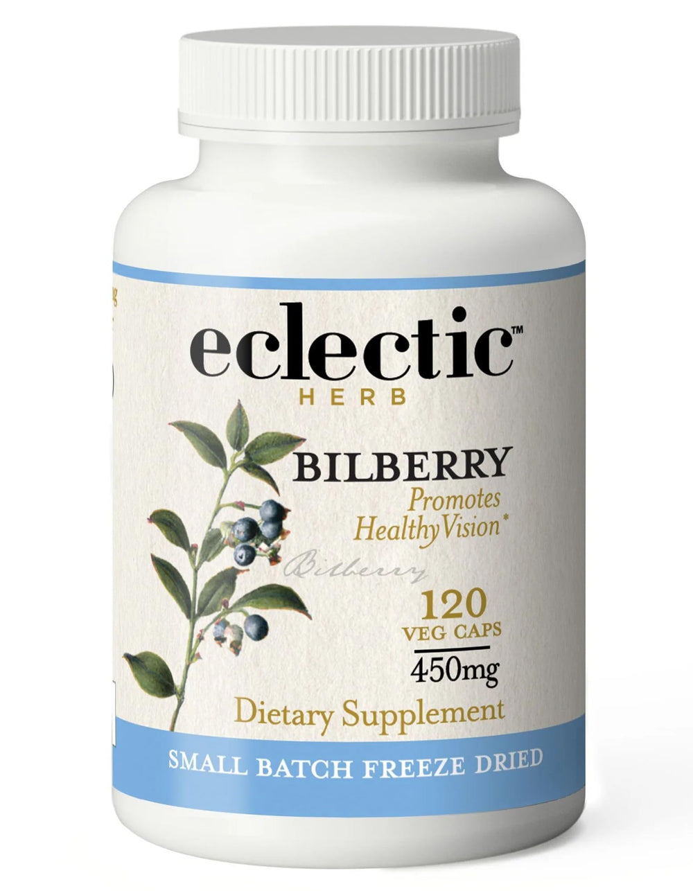 Bottle of Eclectic Herb Bilberry Capsules (120 count, 450 mg)