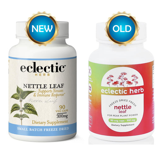 Blue label close-up on Nettles Leaf Freeze Dried Vegetables bottle