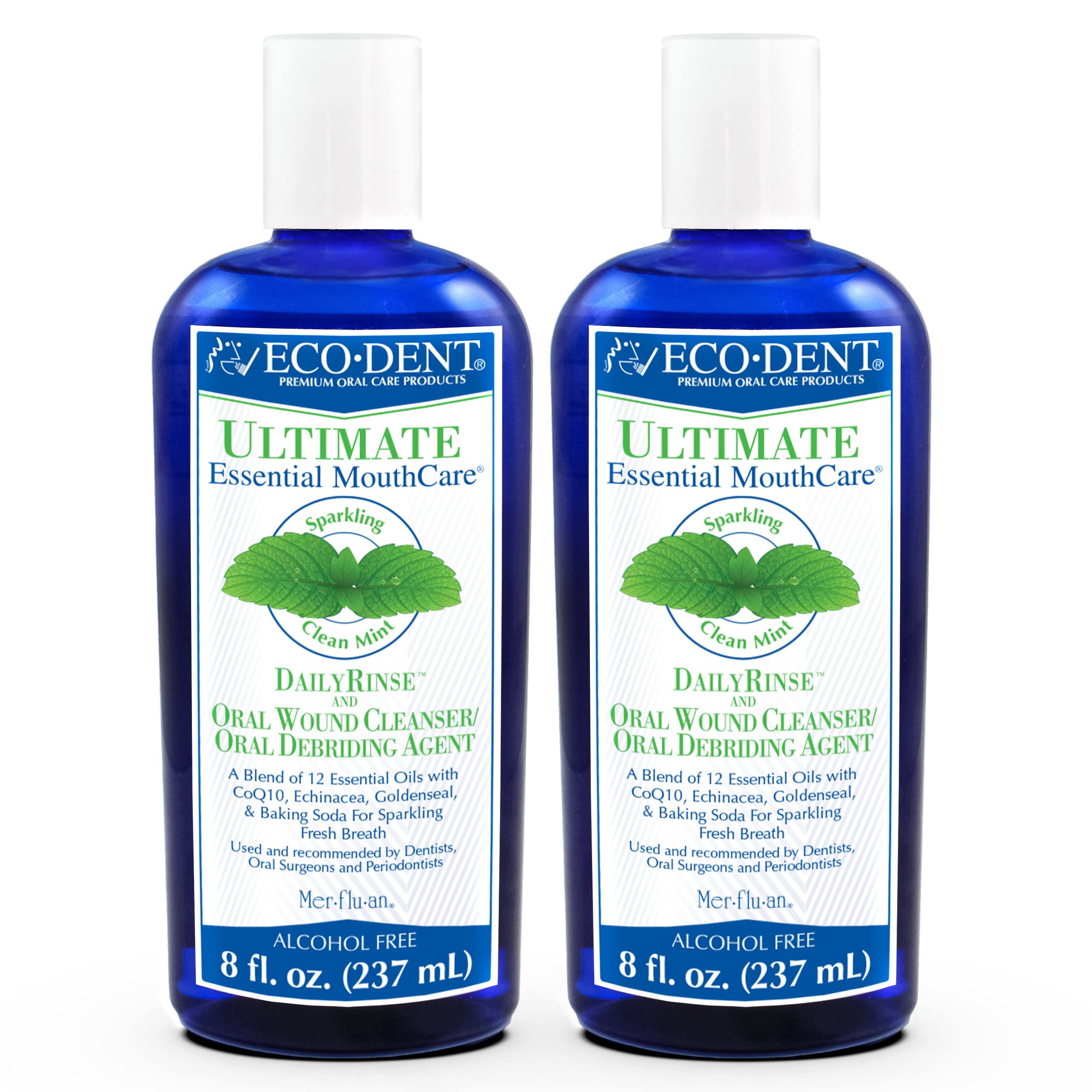 Front view of Eco-Dent Alcohol-Free Mint Mouthwash bottle, pack of 2 (8 oz each).