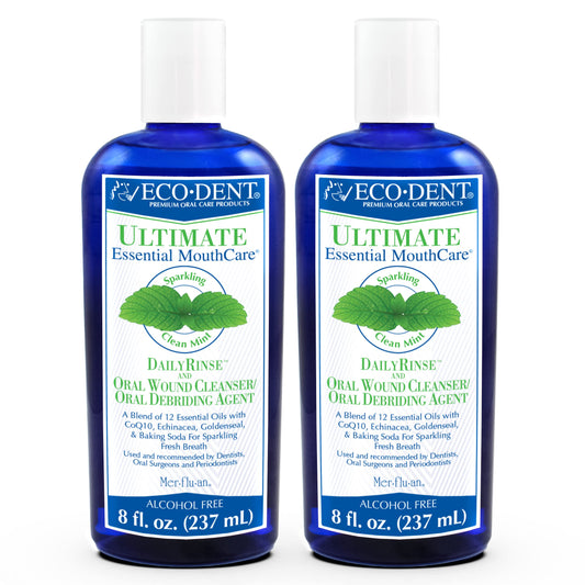Front view of Eco-Dent Alcohol-Free Mint Mouthwash bottle, pack of 2 (8 oz each).