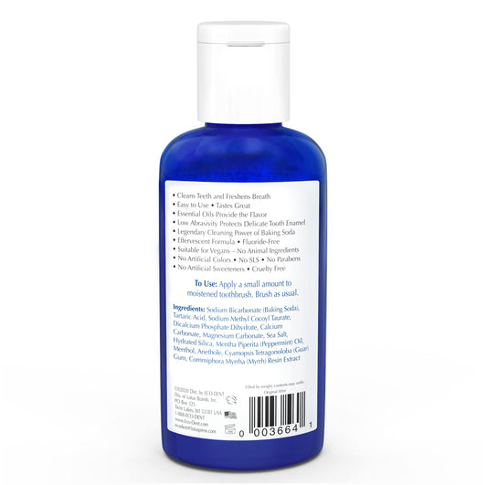 Back packaging of Eco-Dent DailyCare Tooth Powder Mint with ingredients and usage.
