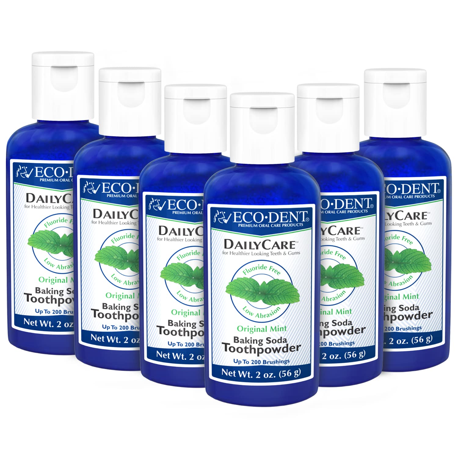 Front view of Eco-Dent DailyCare Baking Soda Tooth Powder Mint packaging (Pack of 6).
