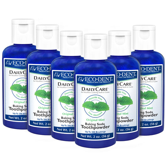 Front view of Eco-Dent DailyCare Baking Soda Tooth Powder Mint packaging (Pack of 6).