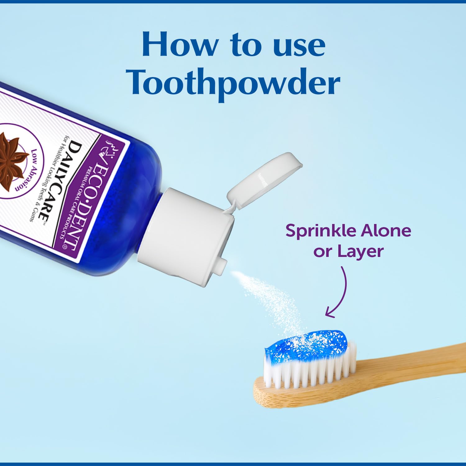 Eco-Dent DailyCare baking soda toothpowder with Anise on countertop