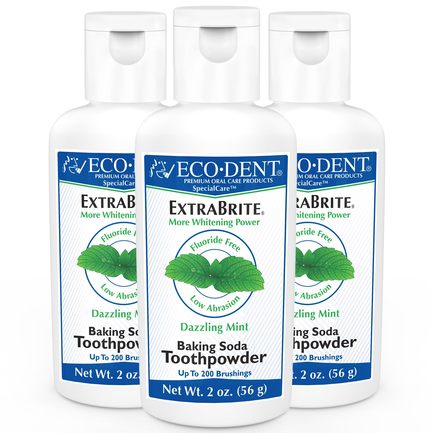 Eco-Dent ExtraBrite mint toothpowder packaging in a 3-pack
