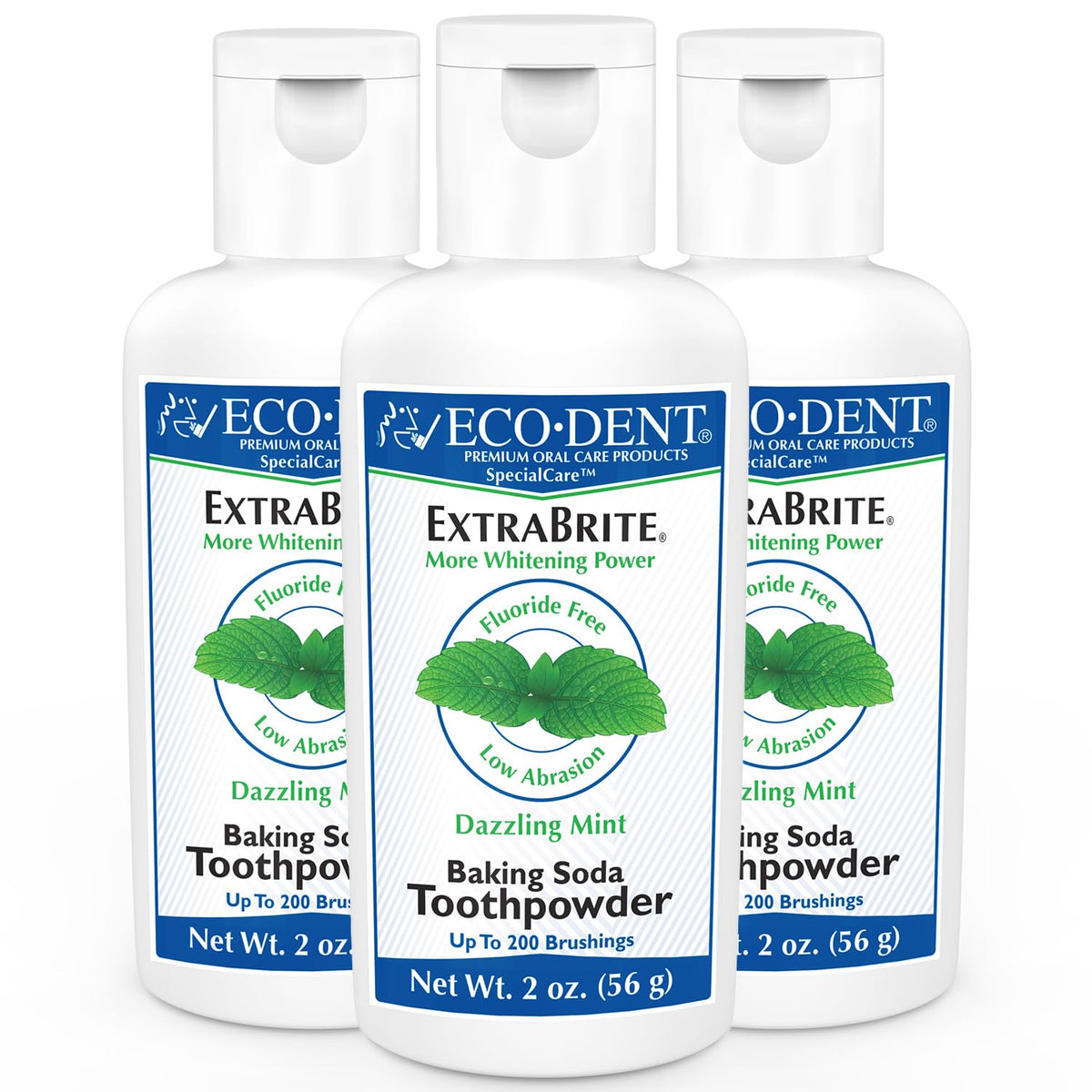 Eco-Dent ExtraBrite mint toothpowder packaging in a 3-pack