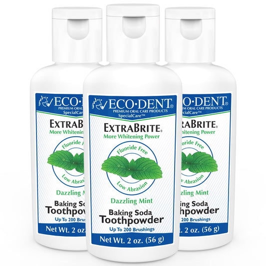 Eco-Dent ExtraBrite mint toothpowder packaging in a 3-pack
