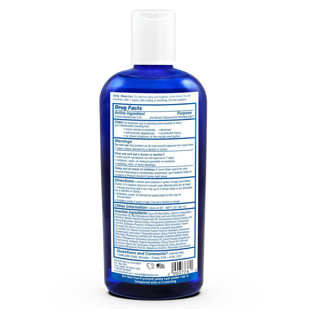 Close-up of Eco-Dent Cinnamon Mouthwash 8 oz bottle
