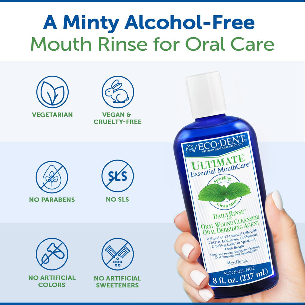 On-the-go Eco-Dent DailyRinse packet beside mint leaves