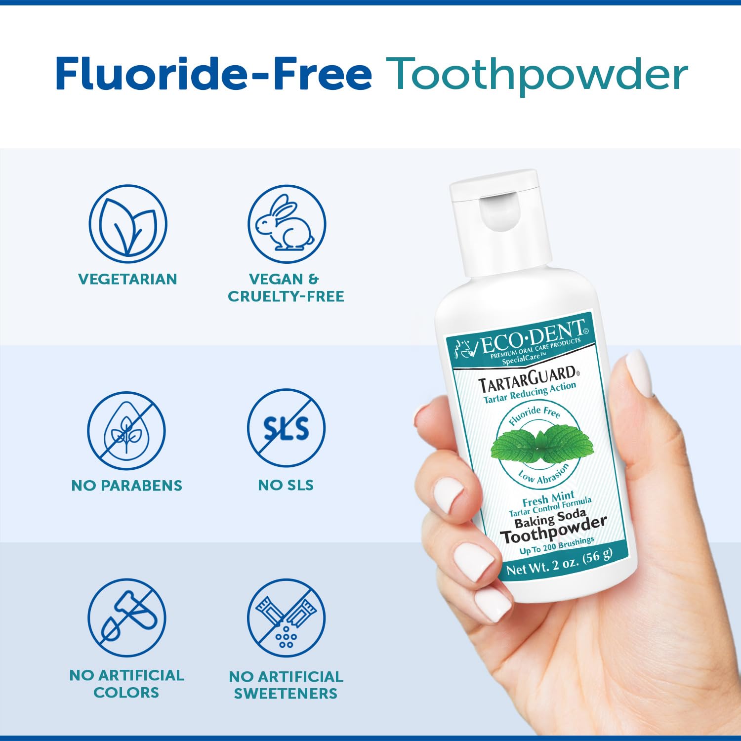 SLS-free and fluoride-free label on Eco-Dent Tooth Powder