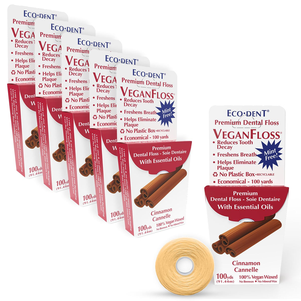 Eco-Dent VeganFloss Cinnamon waxed dental floss with vegan wax