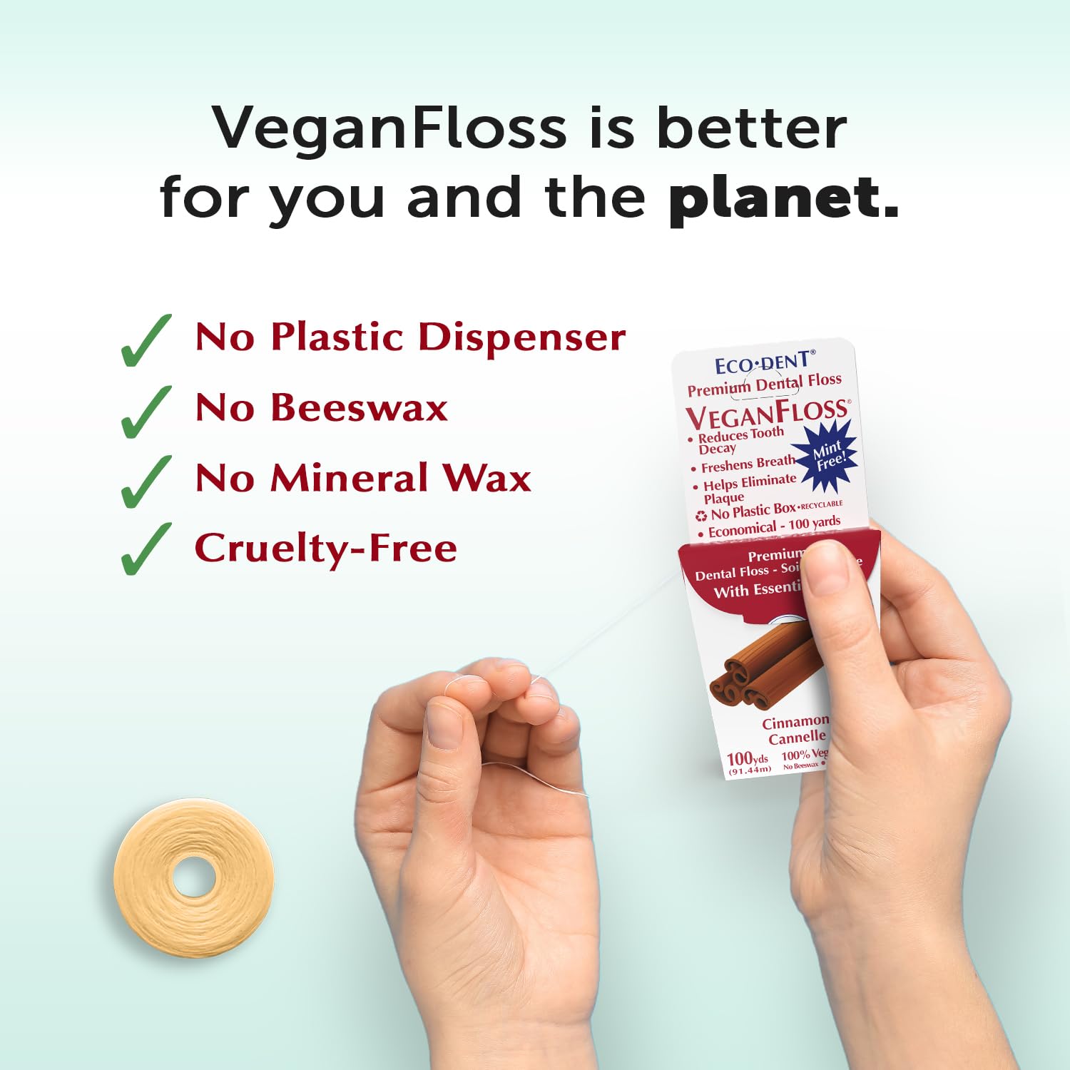 Close-up of vegan plant-based wax coating on Eco-Dent VeganFloss
