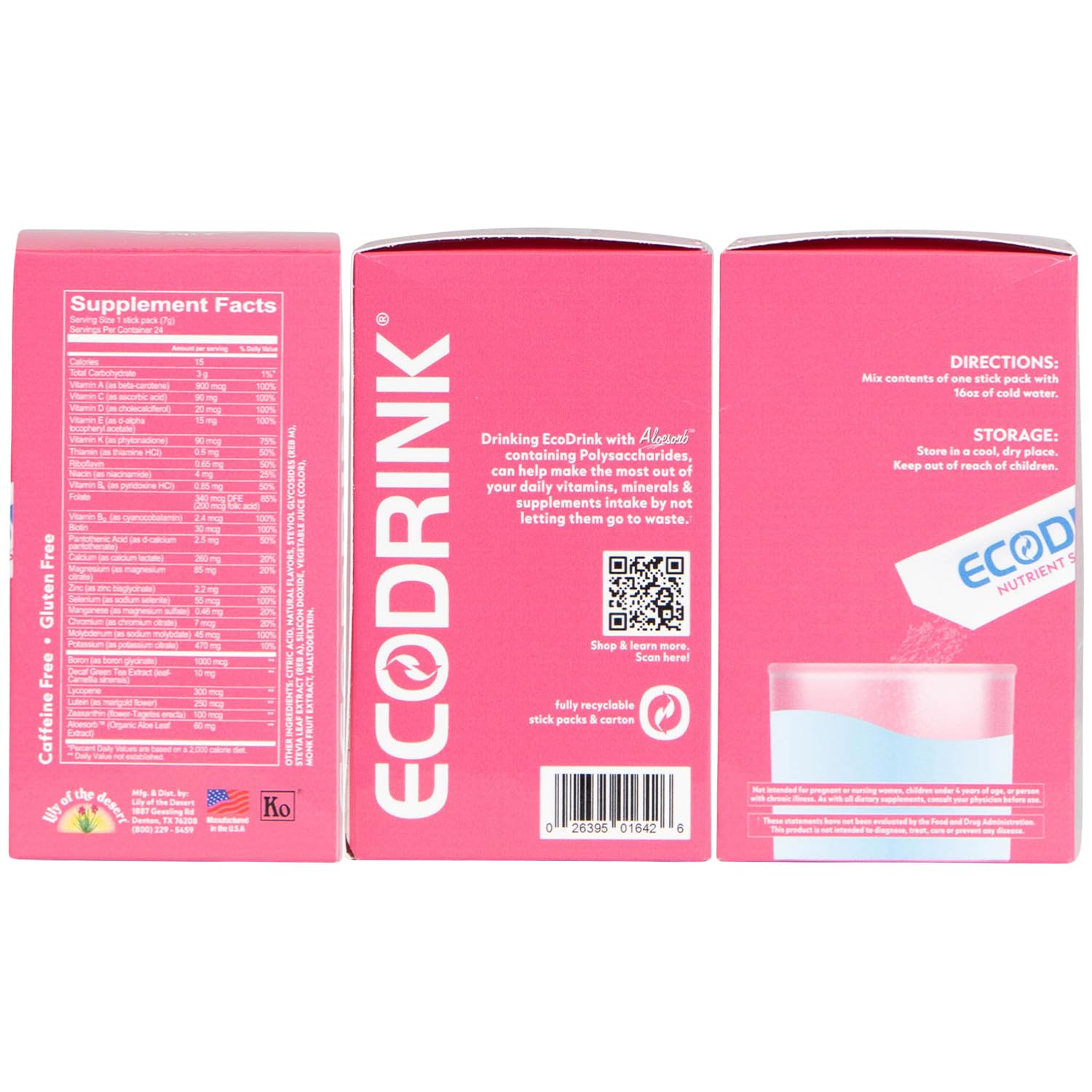 Front view of Lily of the Desert EcoDrink 24-stick box packaging