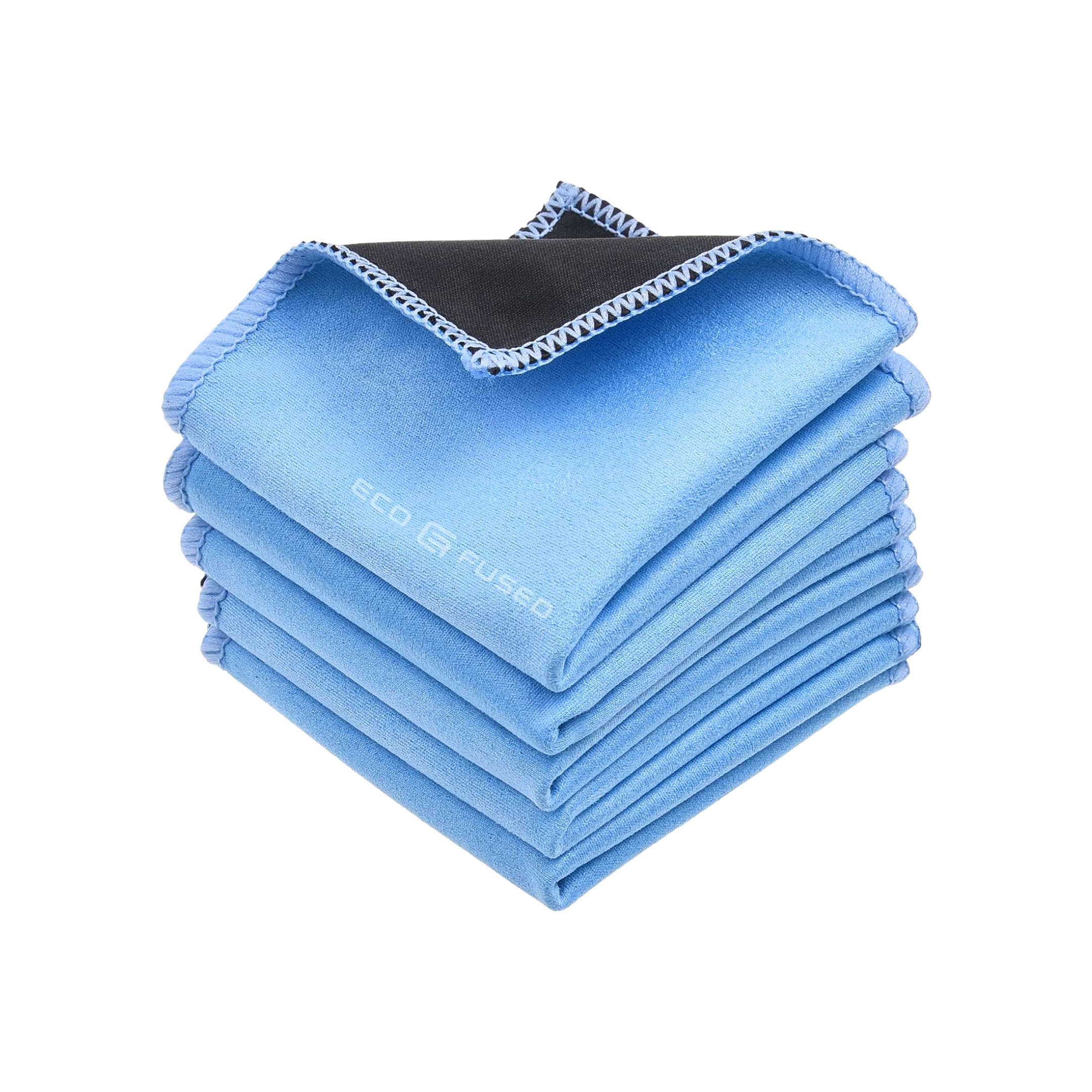 Five Eco-Fused double-sided microfiber cleaning cloths with black microfiber side and blue suede side