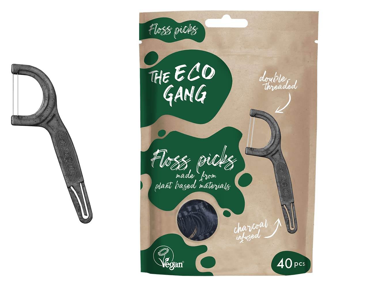The Eco Gang vegan floss picks made from plant-based materials with mint flavor