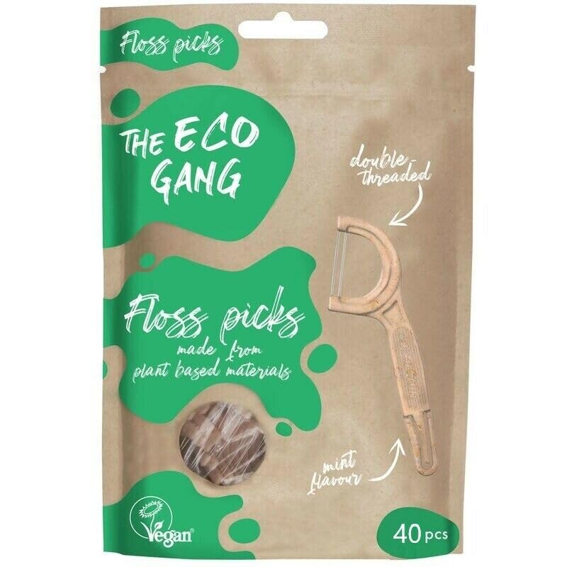 Eco Gang vegan floss picks made from plant-based PLA/PP with mint flavor, 40-count pack