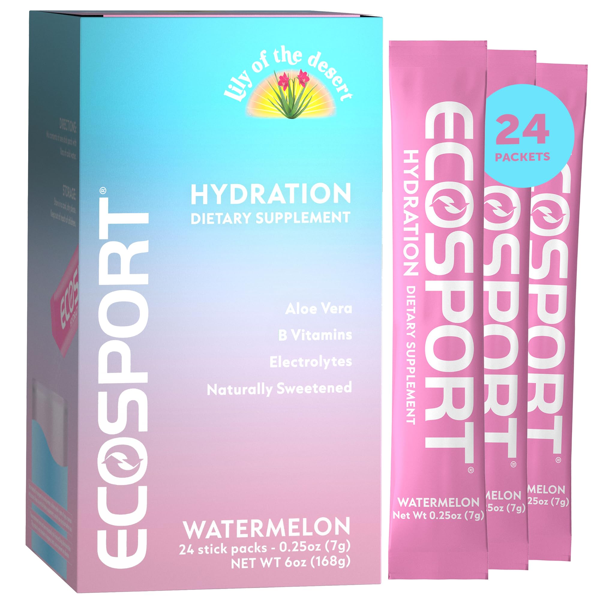 EcoSport Watermelon Hydration Packets – 24-stick box with electrolytes, Aloe Vera, vitamin C and B vitamins