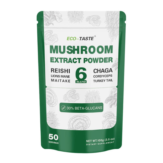ECO-TASTE 6 Blend Mushroom Powder bottle label front