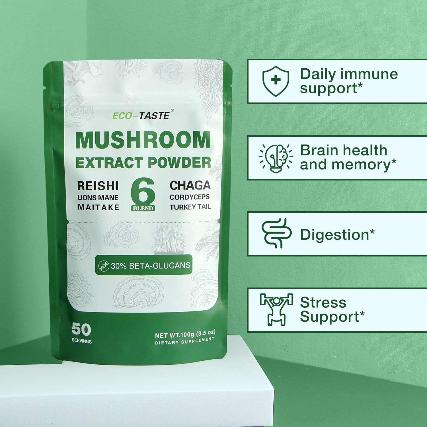 Close-up of mushroom powder blend including Lions Mane, Reishi, Cordyceps, Chaga, Turkey Tail, Maitake