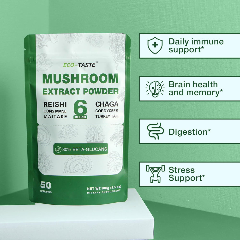 Close-up of mushroom powder blend including Lions Mane, Reishi, Cordyceps, Chaga, Turkey Tail, Maitake