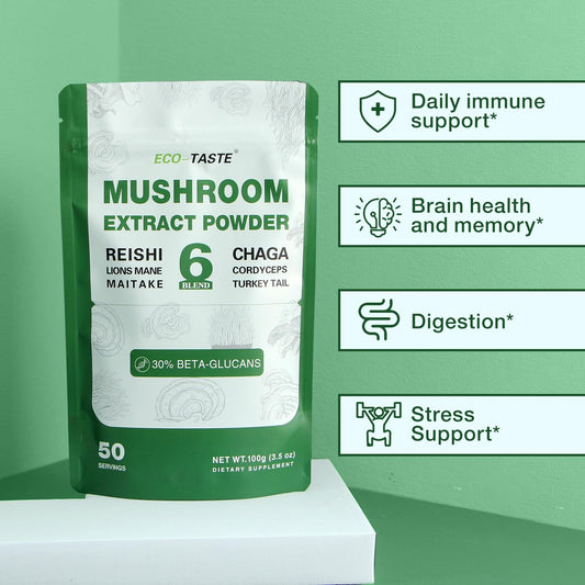 Close-up of mushroom powder blend including Lions Mane, Reishi, Cordyceps, Chaga, Turkey Tail, Maitake