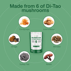 100g jar of ECO-TASTE 6 Blend Mushroom Powder showing natural packaging