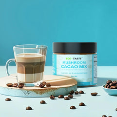 Packaging of ECO-TASTE Mushroom Cacao Mix with vegan and gluten-free labels