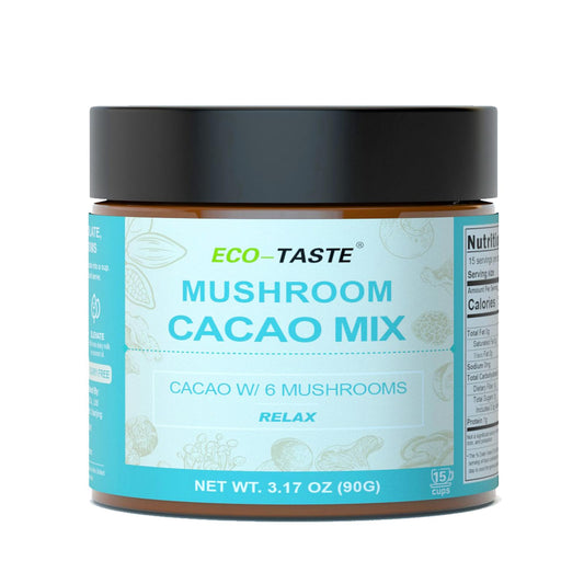 Front view of ECO-TASTE Mushroom Cacao Mix 3.17oz (90g) package