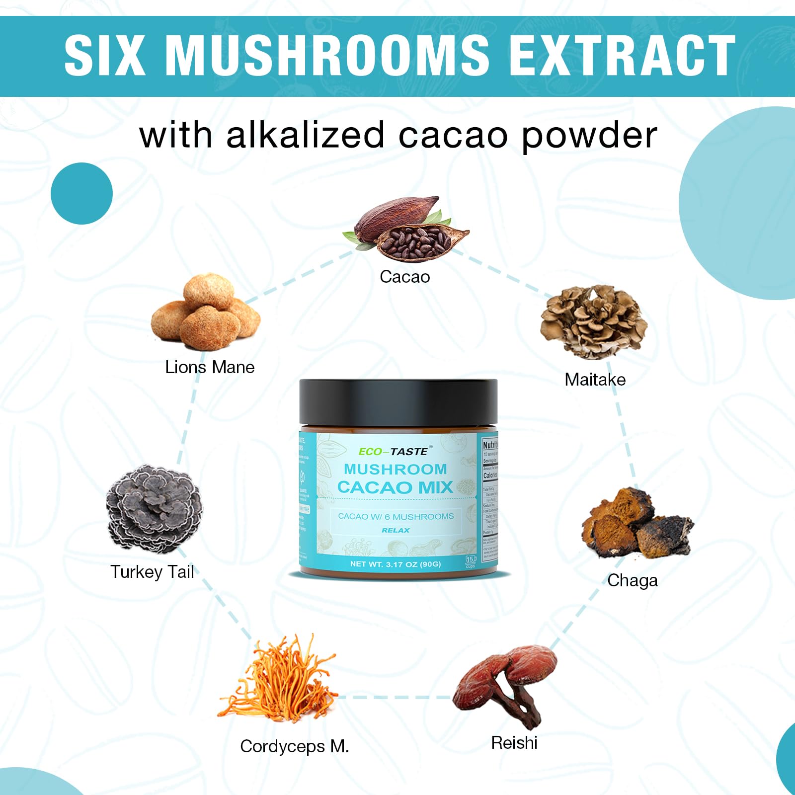 Mushroom fruiting bodies used in ECO-TASTE mix: Lion's Mane, Reishi, Turkey Tail, Maitake, Cordyceps M., and Chaga