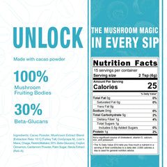 Label showing ingredients for ECO-TASTE Mushroom Cacao Mix