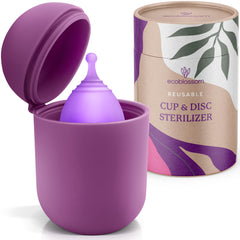 EcoBlossom cup case-steamer purple; discreet travel sterilization on the go.