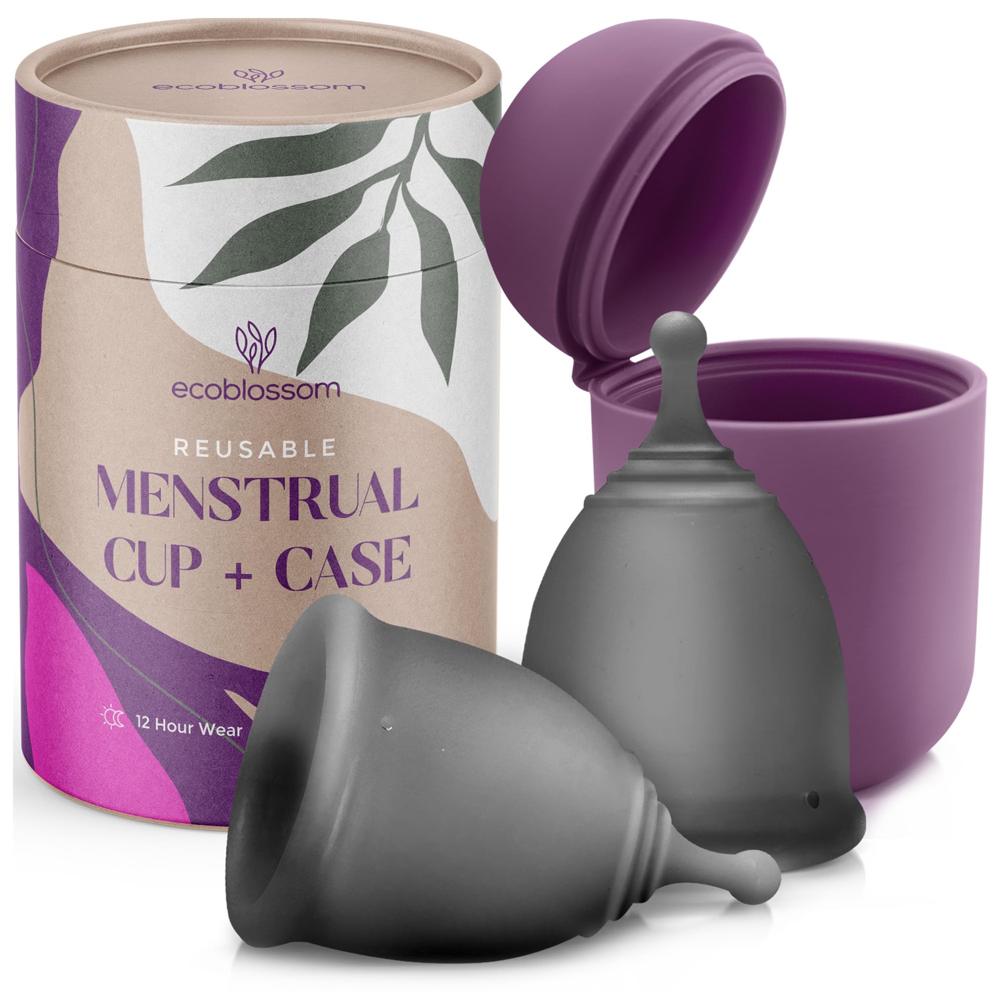 EcoBlossom gray cup front shows durable reusable design for up to 12 hours of protection.