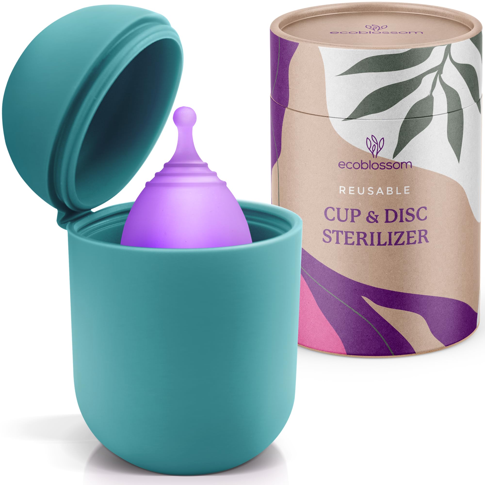 EcoBlossom menstrual cup case cyan, front view, discreet portable storage for on-the-go cleaning.