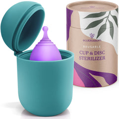 EcoBlossom menstrual cup case cyan, front view, discreet portable storage for on-the-go cleaning.