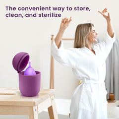 EcoBlossom purple case on the go; discreet portable hygiene storage.