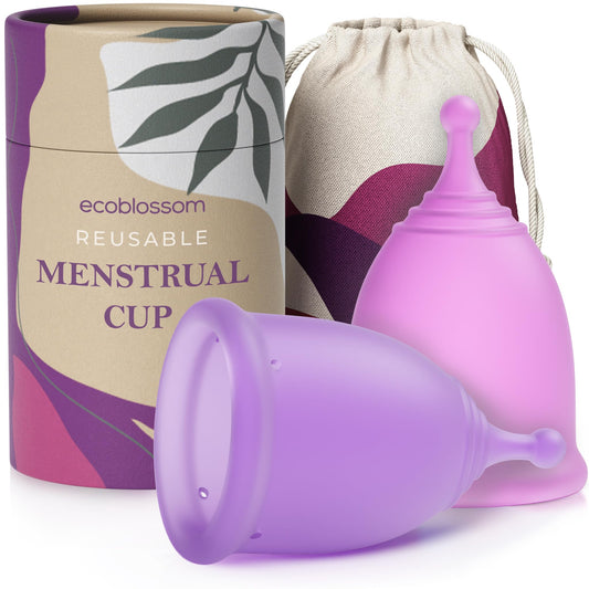 EcoBlossom reusable menstrual cup set packaging shows eco-friendly materials and cost savings.