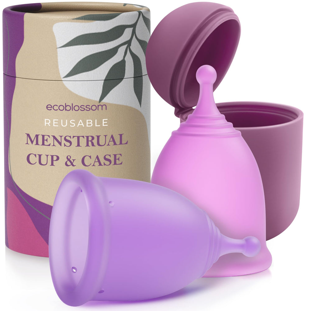 EcoBlossom reusable menstrual cup with round stem and case for up to 12 hours of wear.