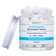 Front view of ECOFAM Peppermint Mouthwash Tablets in a glass jar